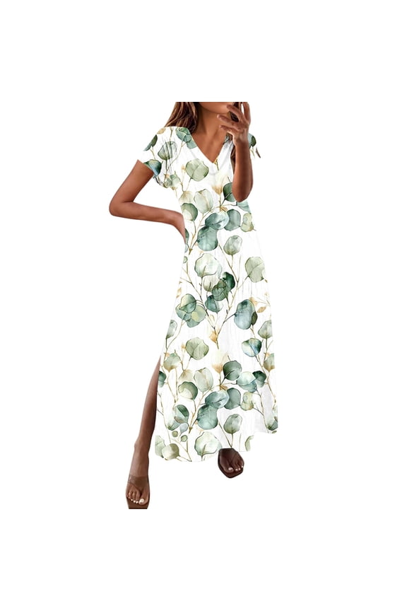 Halter Dresses for Women Sleeveless V-Neck Solid Color Hem Slit A-Line Wrap Dress Romantic Vacation for Summer Multicolor S