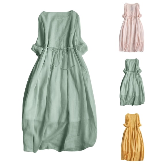 YuXingFu Homecoming Dresses Mid-Length Crew Neck Plus Size Womens Dress Short Sleeve Solid Color Casual Summer Light Blue M