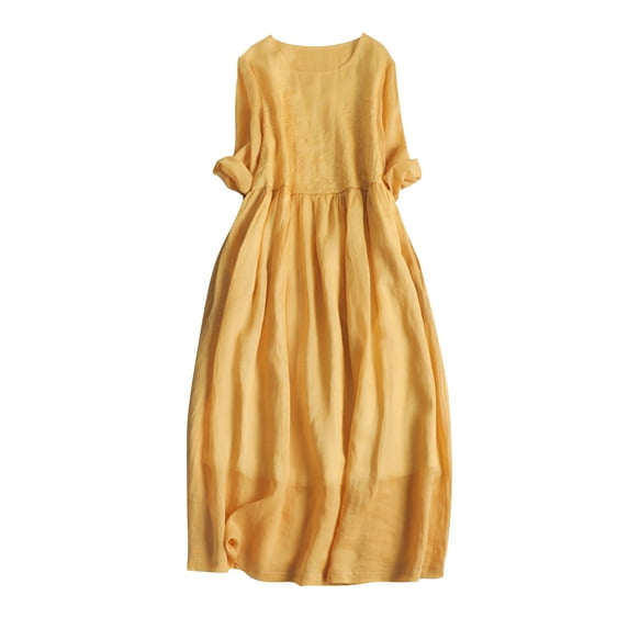 YuXingFu Homecoming Dresses Mid-Length Crew Neck Plus Size Womens Dress Short Sleeve Solid Color Casual Summer Yellow M