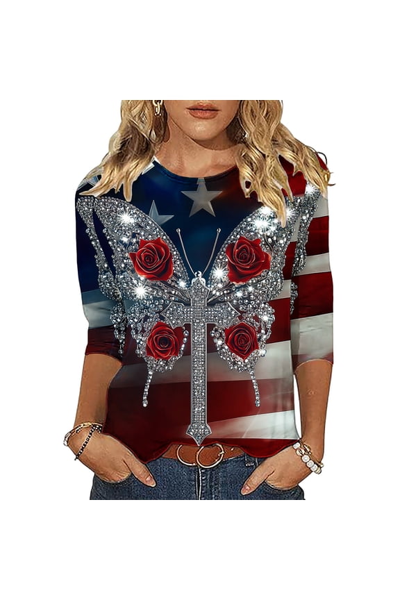 Independence Day Workout Tops Packs 3/4 Sleeve Crew Neck Flared Tops - Split Hem for Fall Red XXL