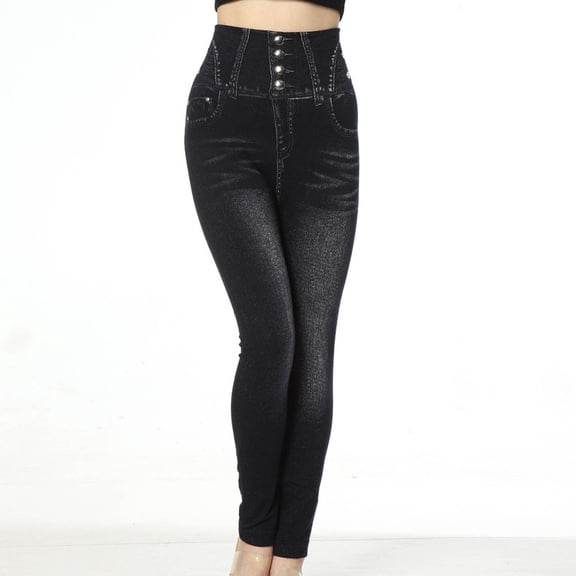 YuXingFu Jeans Pants Women Plus Size Clearance Women's Imitation Denim Printed Leggings Capris High Waisted Elastic Pencil Pants Black XXL