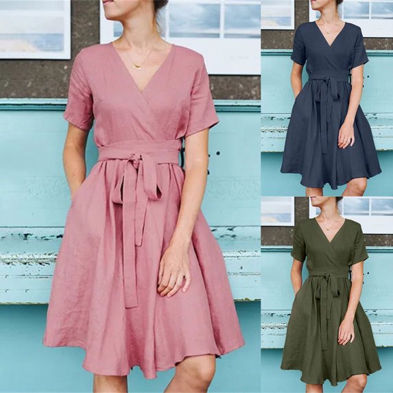 YuXingFu Kaftan Dresses for Women Maxi V-Neck Plus Size Womens Dress Short Sleeve with Pocket Long Casual Summer Army Green S