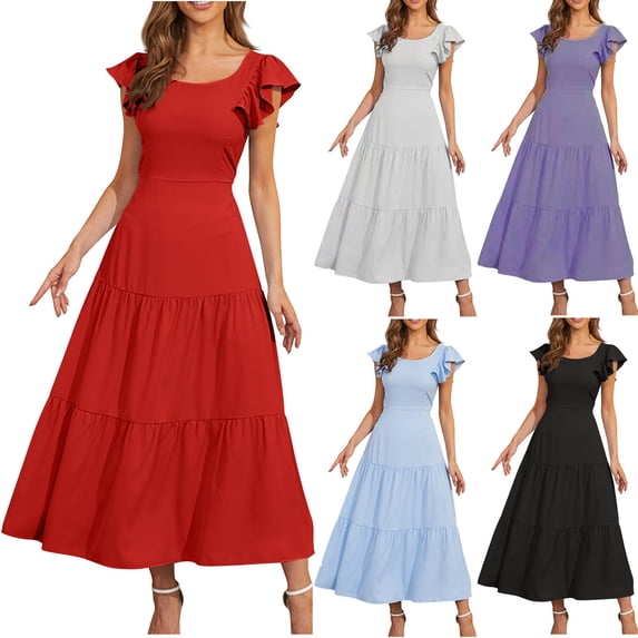YuXingFu Kentucky Derby Dresses Mid-Length Crew Neck Plus Size Womens Dress Short Sleeve Solid Color Casual Summer White S