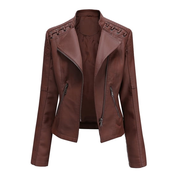 YuXingFu Leather Bomber Jacket Women Oversized Women Ladies Lapel Motor Jacket Coat Zip Biker Short Punk Cropped Tops,Coffee S