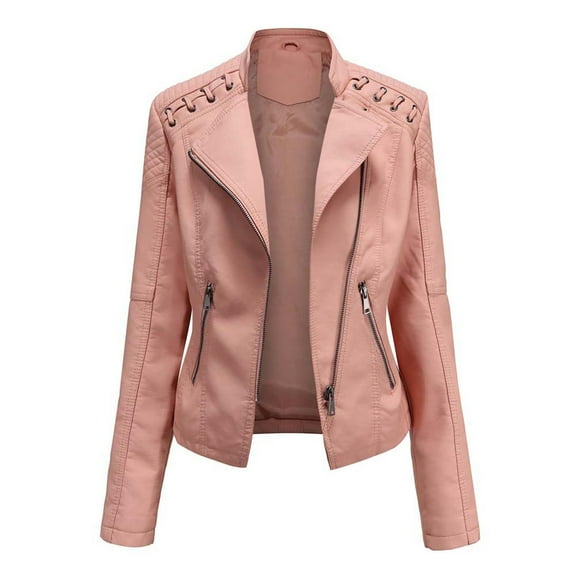 YuXingFu Leather Bomber Jacket Women Oversized Women Ladies Lapel Motor Jacket Coat Zip Biker Short Punk Cropped Tops,Pink XXXL