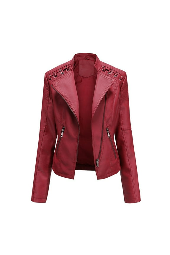Leather Bomber Jacket Women Oversized Women Ladies Lapel Motor Jacket Coat Zip Biker Short Punk Cropped Tops,Red XXL