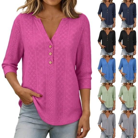 YuXingFu Length Sleeve Short Petite Cotton Tees Womens Tops 3/35 Sleeve V-Neck A-Line Tops - Button Front for Beach Gray #1 S