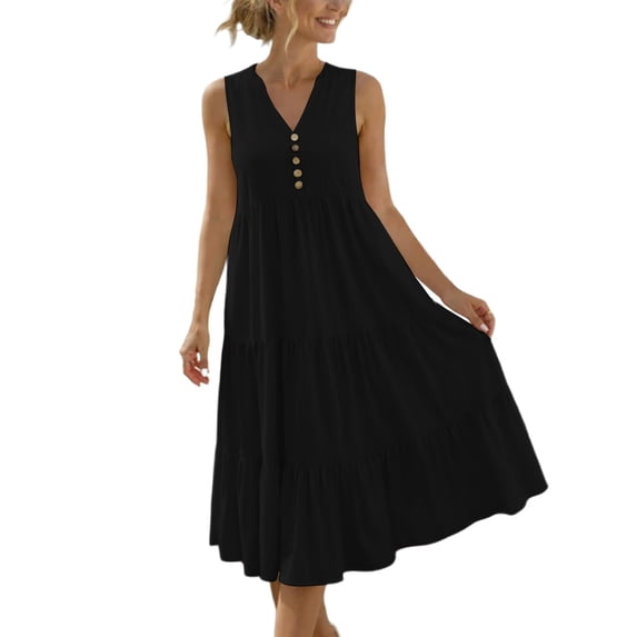 YuXingFu Loose Cotton Casual Dresses Women Maxi V-Neck Plus Size Womens Dress Sleeveless Button Long Casual Summer Black S