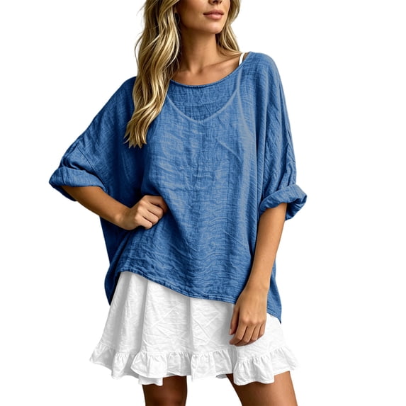 YuXingFu Maxi Dress Plus Size Mid-Length Scoop Neck Plus Size Womens Dress Long Sleeve Pleated Casual Summer Blue M