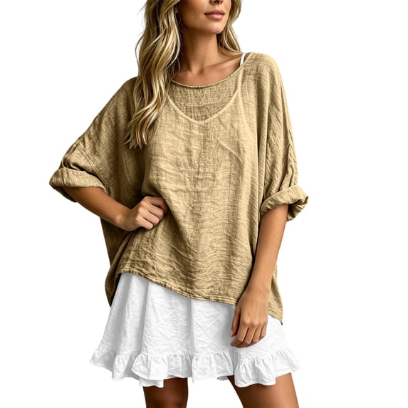 YuXingFu Maxi Dress Plus Size Mid-Length Scoop Neck Plus Size Womens Dress Long Sleeve Pleated Casual Summer Khaki L