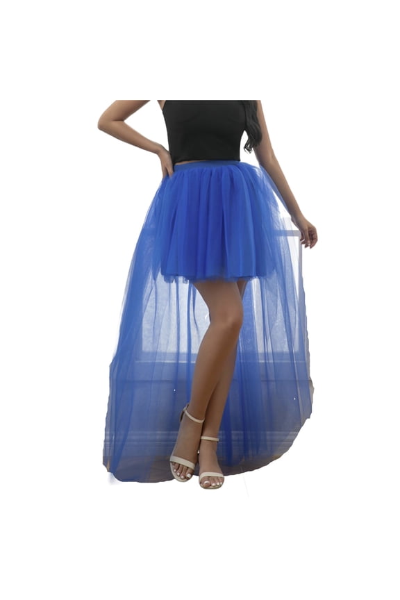 Maxi Skirt for Women Summer Women High-Low Asymmetric Solid Party Skirt with Train Blue Free Size