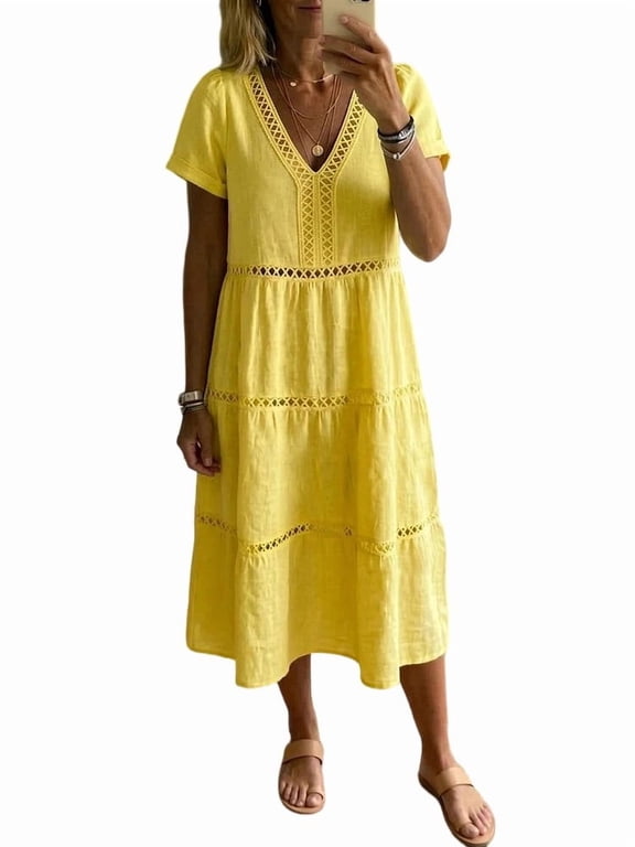 Midi Dresses for Women Mid-Length Plus Size Womens Dress Short Sleeve Solid Color Casual Summer Yellow XXL