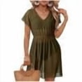 thumbnail image 1 of YuXingFu Mommy and Me Dresses Mid-Length V-Neck Plus Size Womens Dress Short Sleeve with Pockets Casual Summer Green S, 1 of 6