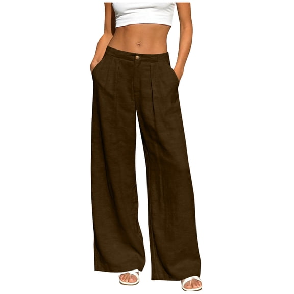 YuXingFu Pants for Women Casual Solid Linen-Like Button Zip Half Back Elastic Waist Pocket Straight Hem Long for Daily Wear Brown XL