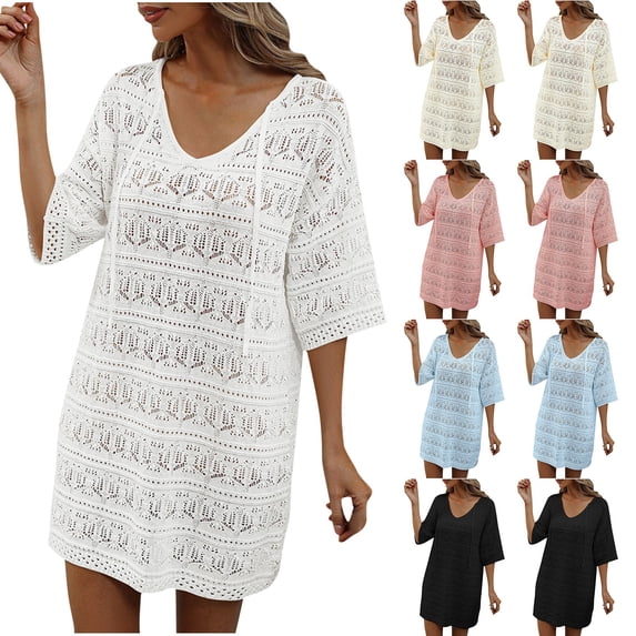 YuXingFu Petite Dresses for Women Mid-Length V-Neck Plus Size Womens Dress Short Sleeve Solid Color Casual Summer Beige S