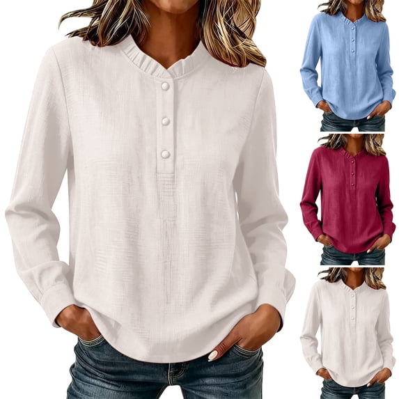 YuXingFu Petite Tops for Women Crew Neck Pleated Ruffle Detail Long Sleeve for Everyday Loose Fit Tees Tops Hot Pink M