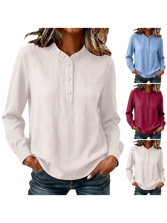 Petite Tops for Women Crew Neck Pleated Ruffle Detail Long Sleeve for Everyday Loose Fit Tees Tops White XXXL