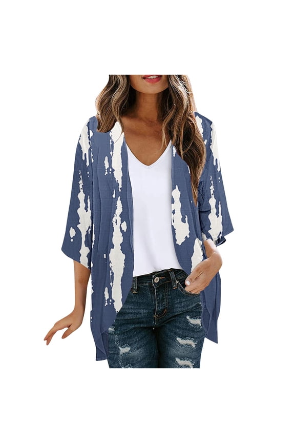 Plus Size Cardigan for Women Circle Side Pocket 3/4 Sleeve Summer Tops for Teens Open Front Light Cardigan Blue S