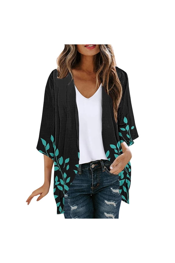 Plus Size Cardigan for Women Wrap Button Front 3/4 Sleeve Tops for Women Summer Open Front Light Cardigan Black S