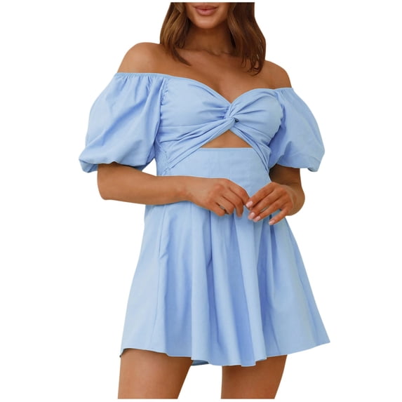 YuXingFu Plus Size Party Dresses Women's Fashion Solid Color Short Sleeve Off-The-Shoulder Dress Light Blue XXL