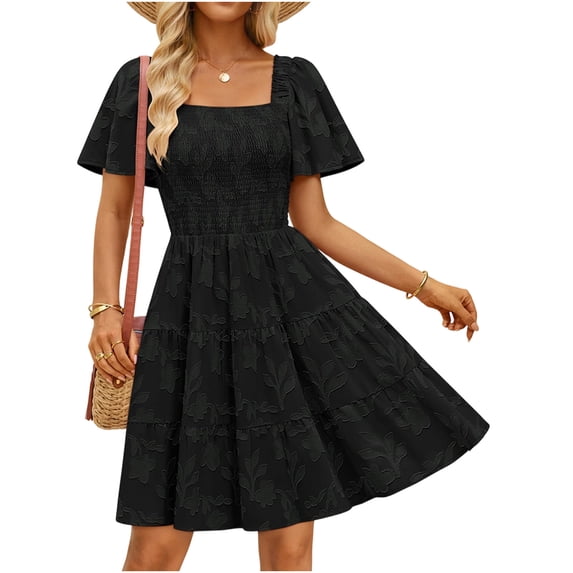 YuXingFu Plus Size Summer Dresses for Women Mid-Length Crew Neck Plus Size Womens Dress Short Sleeve Floral Casual Summer Black S