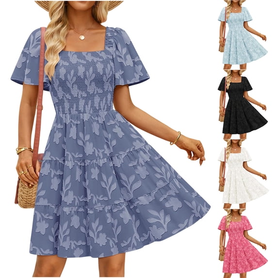 YuXingFu Plus Size Summer Dresses for Women Mid-Length Crew Neck Plus Size Womens Dress Short Sleeve Floral Casual Summer White S