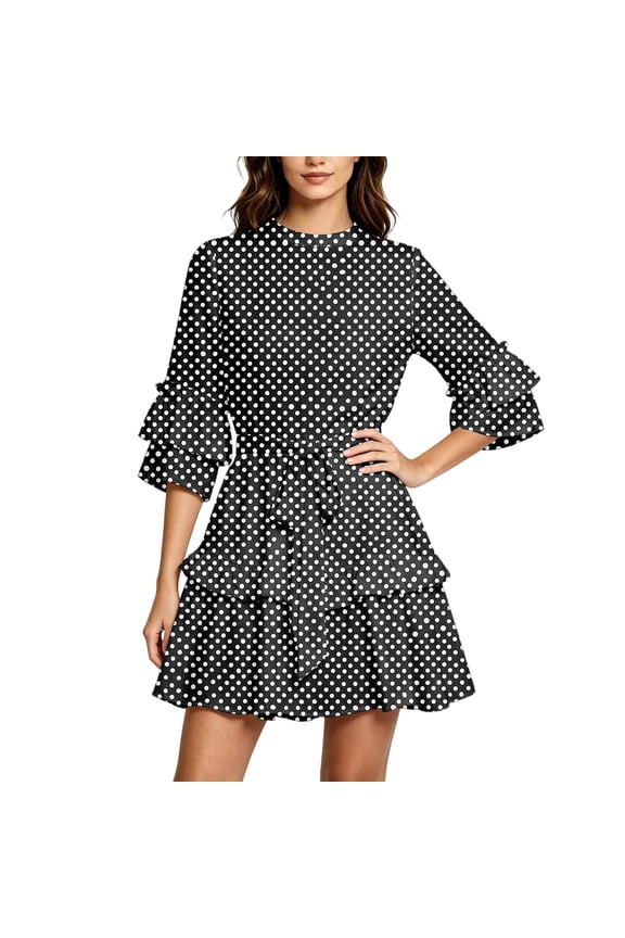 Plus Size Wedding Dresses for Bride White Mid-Length Crew Neck Plus Size Womens Dress 3/4 Sleeve A Line Casual Summer Black M