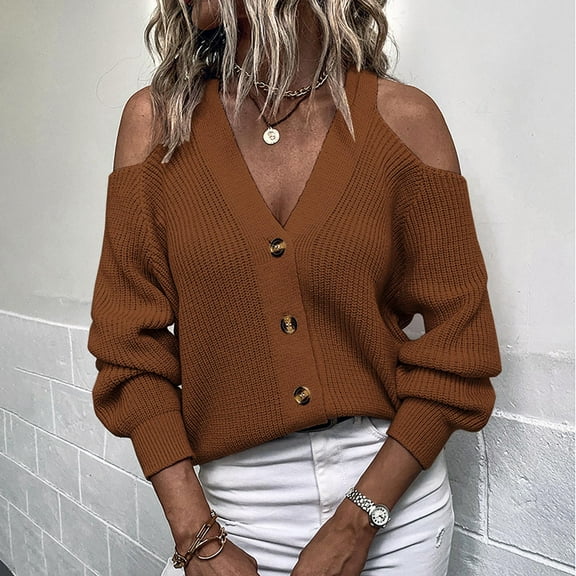 YuXingFu Save Up under 50% Casual Coffee Women Sweaters Spring Cold Weatherclearance Fashion Women Winter Solid Sleeve Button V-Neck Casual Sweater Tops