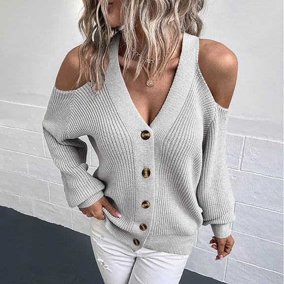 YuXingFu Save Up under 50% Casual Gray Women Sweaters Spring Cold Weatherclearance Fashion Women Winter Solid Sleeve Button V-Neck Casual Sweater Tops