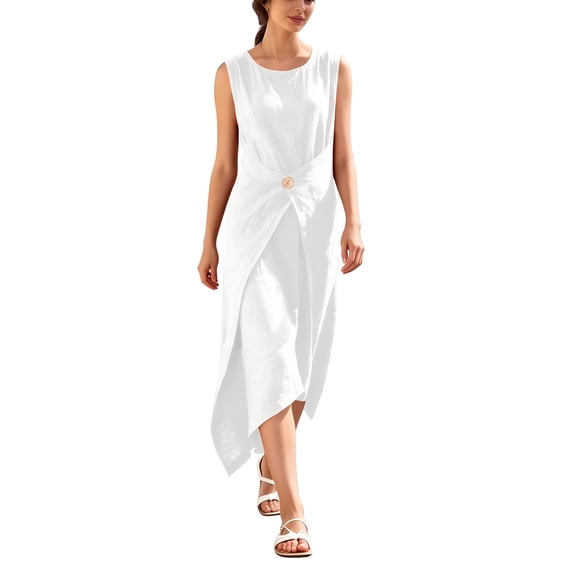 YuXingFu Sexy Dresses for Women Maxi Crew Neck Plus Size Womens Dress Sleeveless Solid Color Slim Fit Long Casual Summer White S