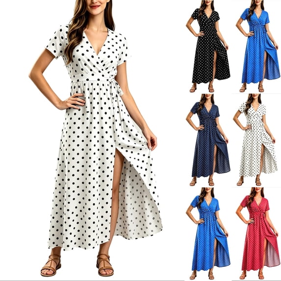 YuXingFu Summer Dresses for Women Plus Size Maxi V-Neck Plus Size Womens Dress Short Sleeve Button Long Casual Summer Blue XXXL
