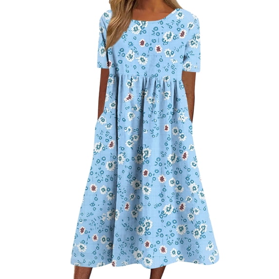 YuXingFu Summer Dresses for Women Plus Size Short Sleeve Round Neck Maxi Dress Floral Pleated Romantic and Semi-formal for Evening Multicolor S