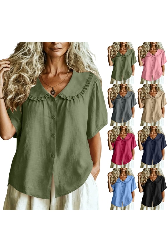 Summer Tops for Teens Cotton Short Sleeve Tie Neck Pencil Tops - Button Front for Summer Black XL