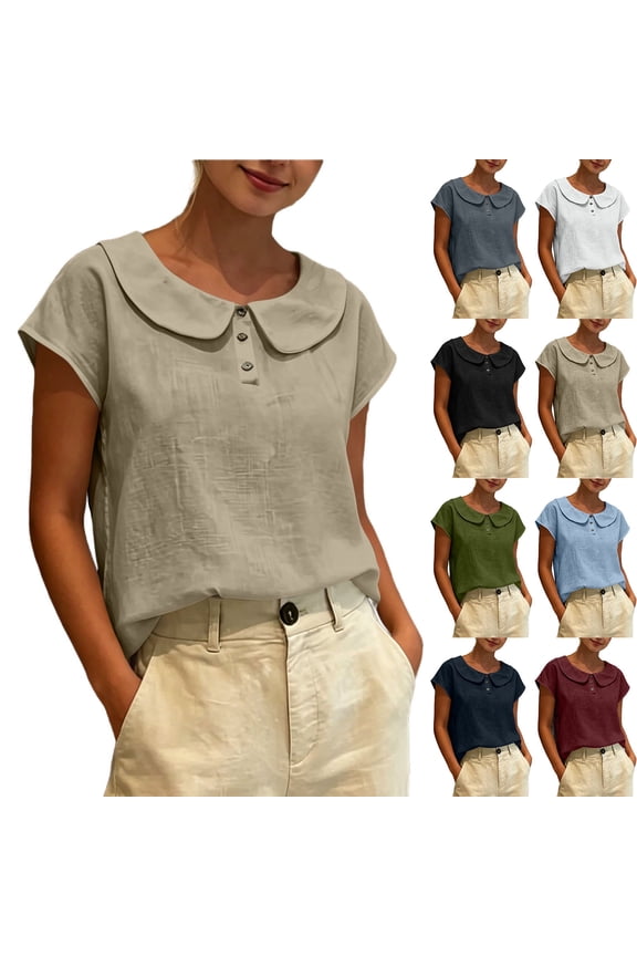 Summer Tops for Women 2026 Trendy Classic Casual Short Sleeve Sweetheart Circle Tops - Button Front for Everyday Light Blue S