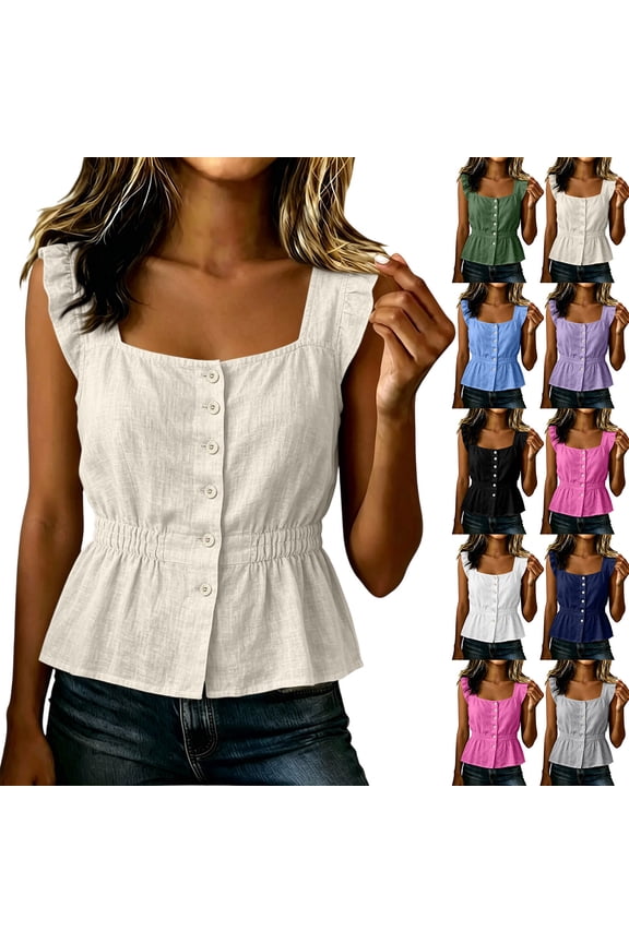 Summer Tops for Women Cotton Classic Casual Sleeveless Square Neckline Pencil Tops - Split Hem for Fall Navy S