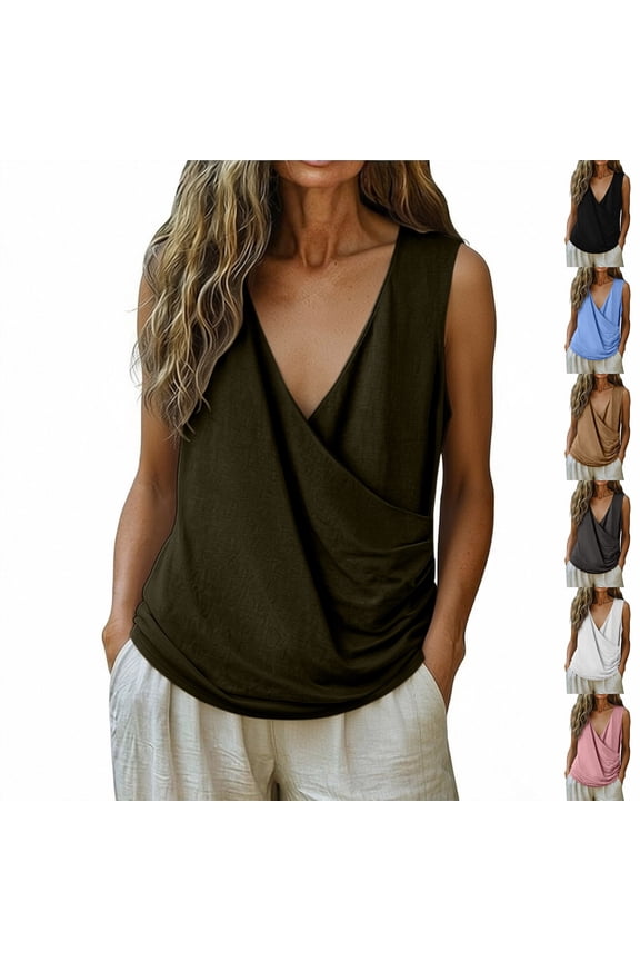 Summer Tops for Women Dressy Classic Casual Sleeveless V-Neck Circle Tops - Ruffle Hem for Vacation Blue S
