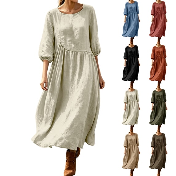 YuXingFu Sundresses for Women Maxi Crew Neck Plus Size Womens Dress 3/4 Sleeve Flowy Long Casual Summer Beige L
