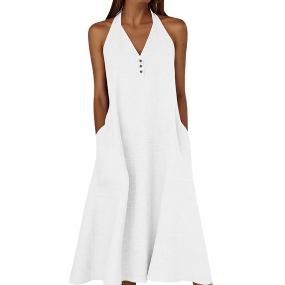YuXingFu Sundresses for Women Midi Cotton Maxi V Neck Plus Size Sleeveless Maxi Casual Summer White S