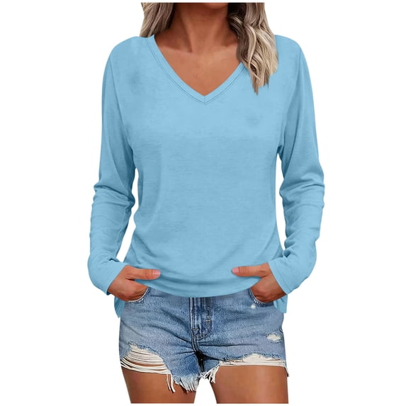 YuXingFu Tank Tops for Women V-Neck Pleated Ruffle Hem Long Sleeve for Casual Loose Fit Tees Tops Light Blue M