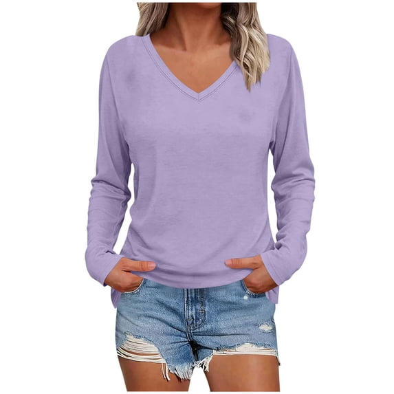 YuXingFu Tank Tops for Women V-Neck Pleated Ruffle Hem Long Sleeve for Casual Loose Fit Tees Tops Purple XL