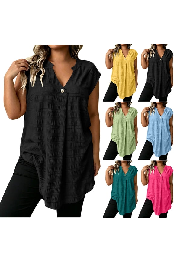 Tops for Women Trendy Classic Casual Sleeveless V-Neck Circle Tops - Fringe Hem for Spring Sky Blue L