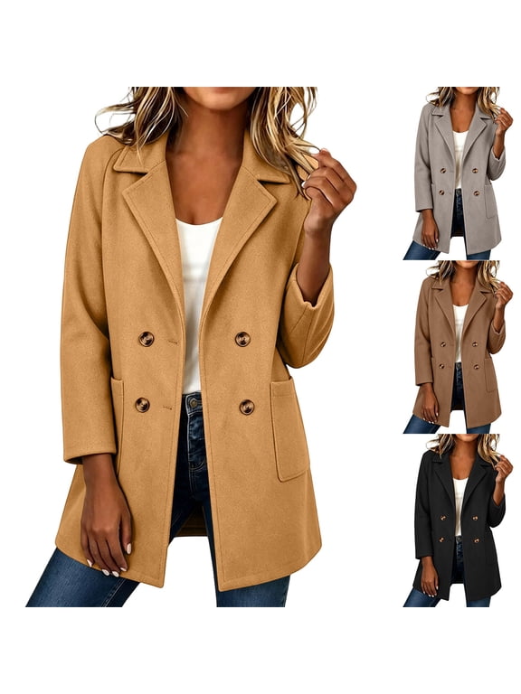 Trench Coat for Womens Long Sleeve Lapel Solid Wool Mid Length Winter Coat Coffee L