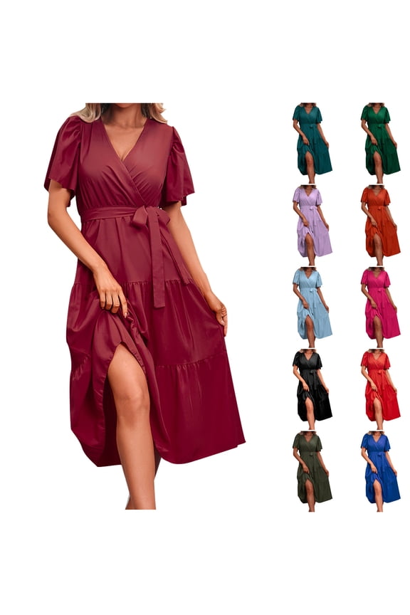 Wedding Dresses for Bride Plus Size Mermaid Maxi V-Neck Plus Size Womens Dress Short Sleeve Gingham Long Casual Summer Army Green M