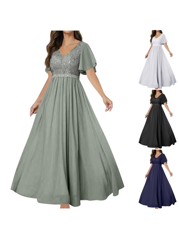 Wedding Dresses for Bride Plus Size Mermaid Maxi V-Neck Plus Size Womens Dress Short Sleeve Solid Color Long Casual Summer White S