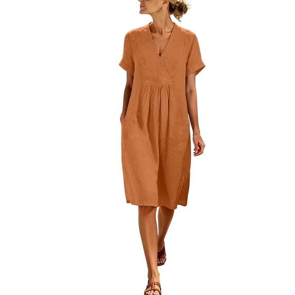 YuXingFu Wedding Guest Dresses for Women Mid-Length V-Neck Plus Size Womens Dress Short Sleeve with Pocket Casual Summer Orange L