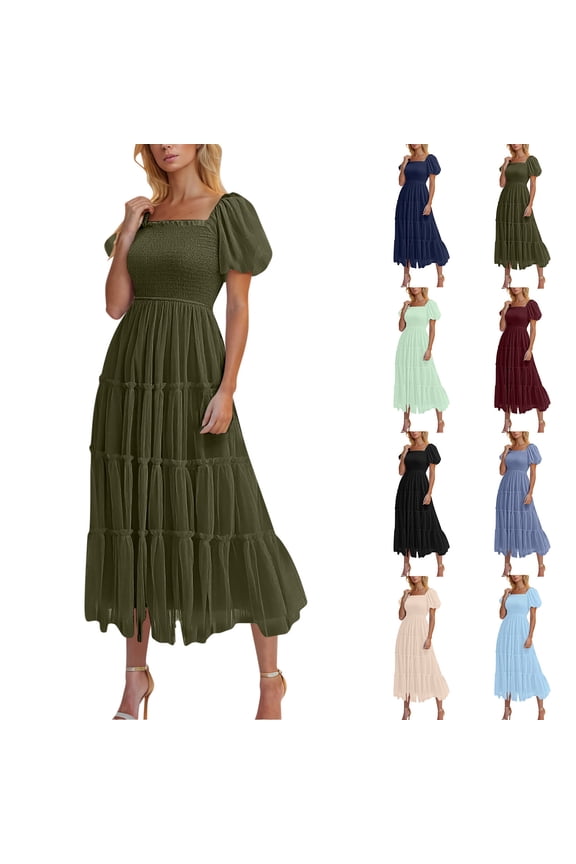 Wedding Guest Dresses for Women Spring Maxi Crew Neck Plus Size Womens Dress Short Sleeve Classic Bohemian Style Long Casual Summer Black S