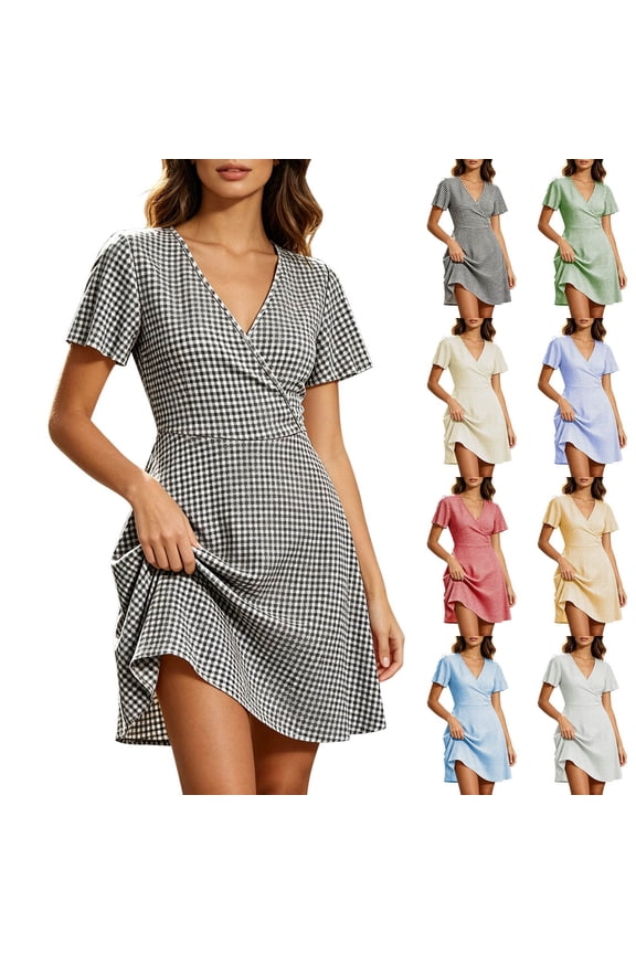 Wedding Guest Dresses for Women Spring Maxi Short Sleeve Plus Size Womens Dress V-Neck Solid Color Long Casual Summer Red M