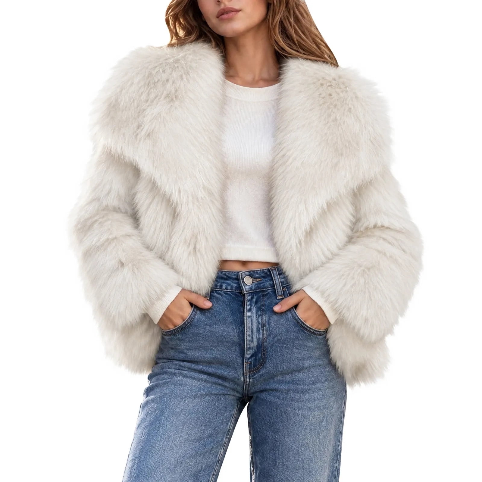 LEAVINGSUO Women'S Faux Fur Coat Lapel Collar Open Front Fuzzy Warm ...