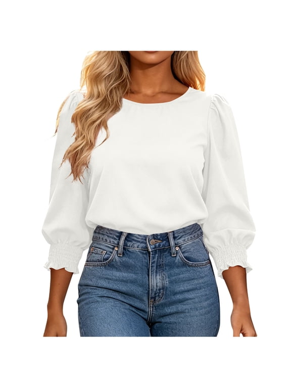 YuXingFu Women's 3/4 Sleeve Ruffled Bubble Hem Top Spring And Summer Solid Color Round-Neck Blouses Loose Tops White M