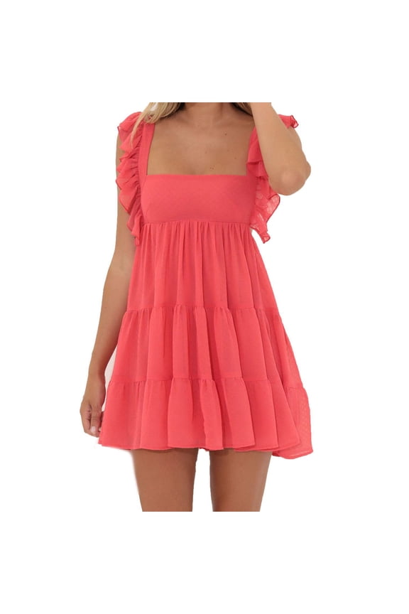 Women's Dresses For Women Plus Size Fashion Women Summer Casual Flying Sleeve Bare Back Strap Mini Dress Watermelon Red S